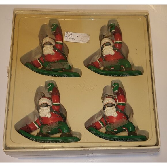 7UP Make 7up Yours Santa Christmas Snowboard Xmas Ornaments Set of 4! VINTAGE! - Picture 1 of 10